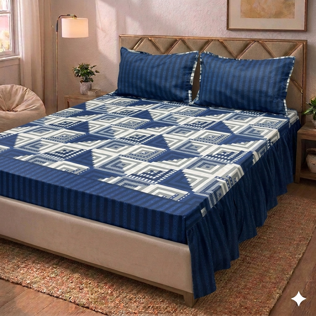 Chess Blue - Two Sided Frill Bedsheet