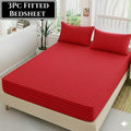 Red - Fitted Cotton Stripes Bedsheet