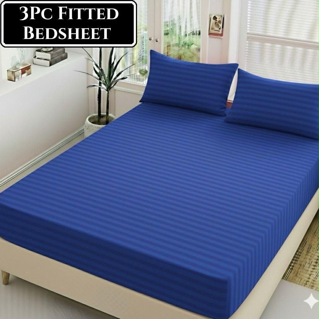 Blue - Fitted Cotton Stripes Bedsheet