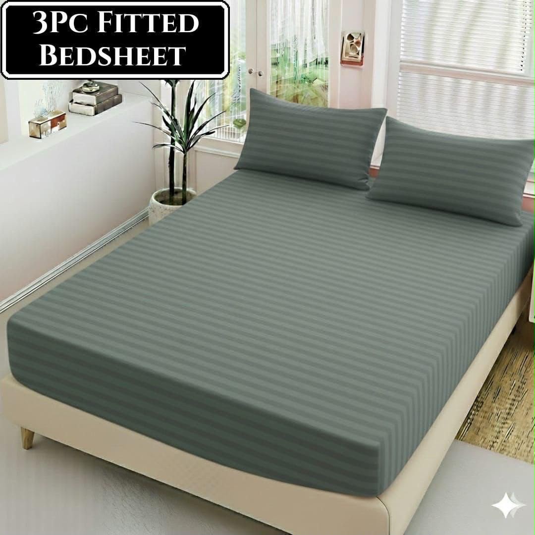 Grey - Fitted Cotton Stripes Bedsheet