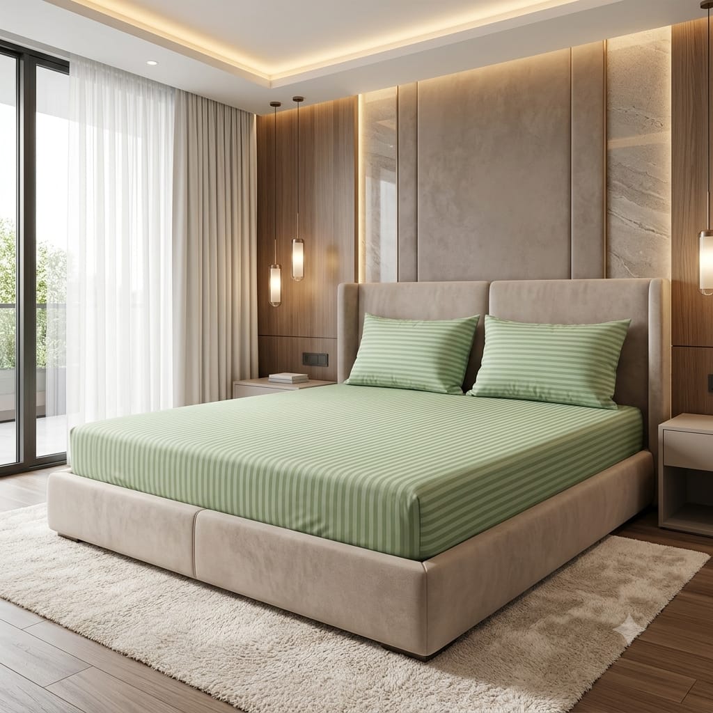 Milky Green - Fitted Cotton Stripes Bedsheet